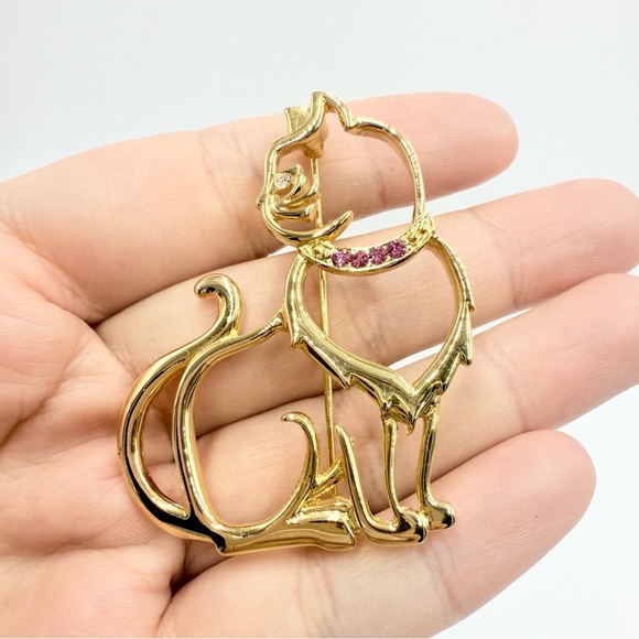JJ Cat Gold Tone Outline Cutout Rhinestone Collar Brooch - Picture 1 of 8